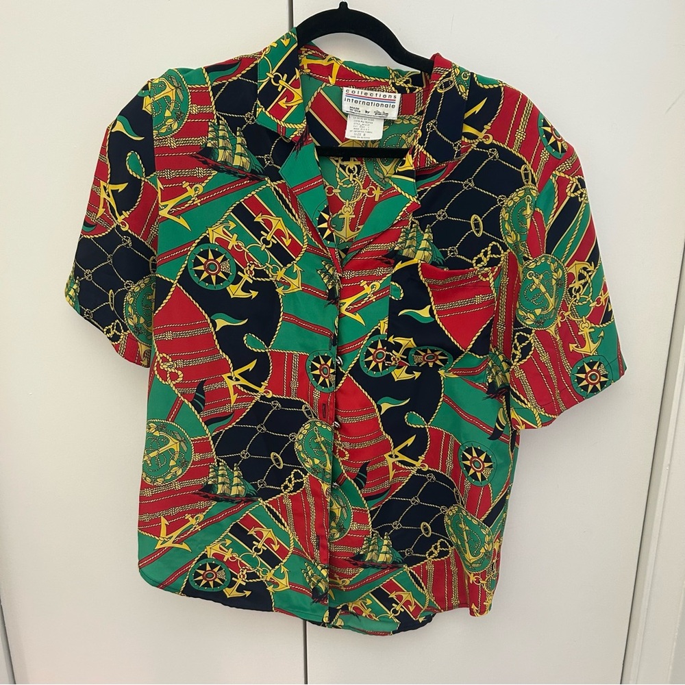 TanJay Nautical Print Blouse with Red and Green